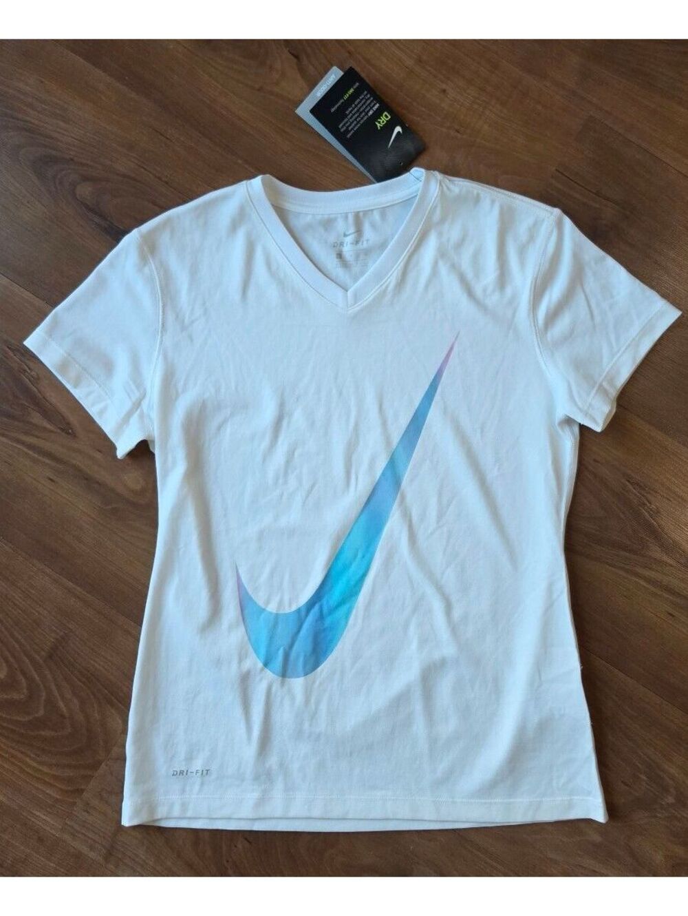 Nike Girls Dri-FIT Legend Swoosh V-Neck T-Shirt White Blue NWT, Sz Girls Lrg